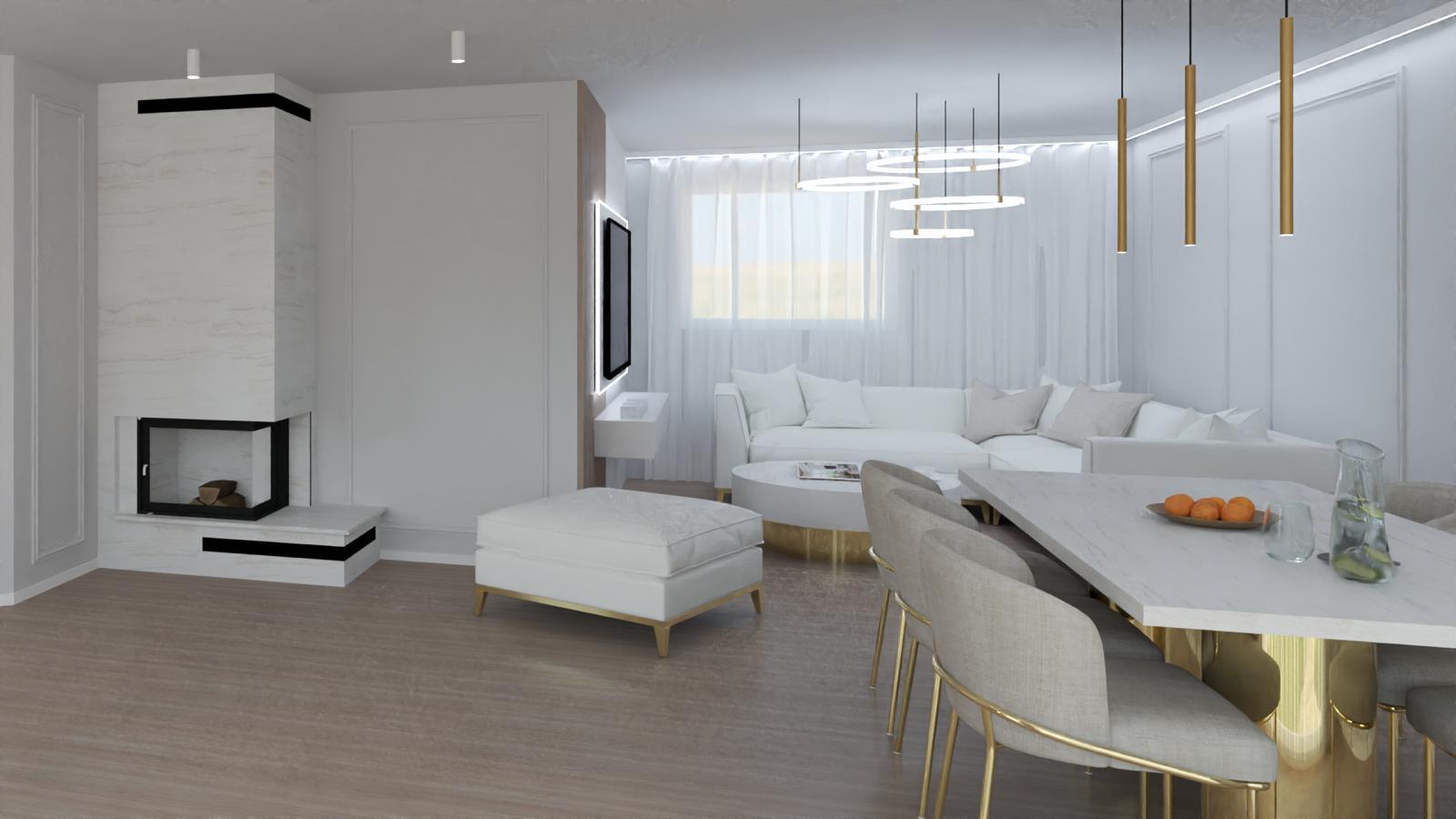 Jasny salon z jadalnią i złotymi detalami