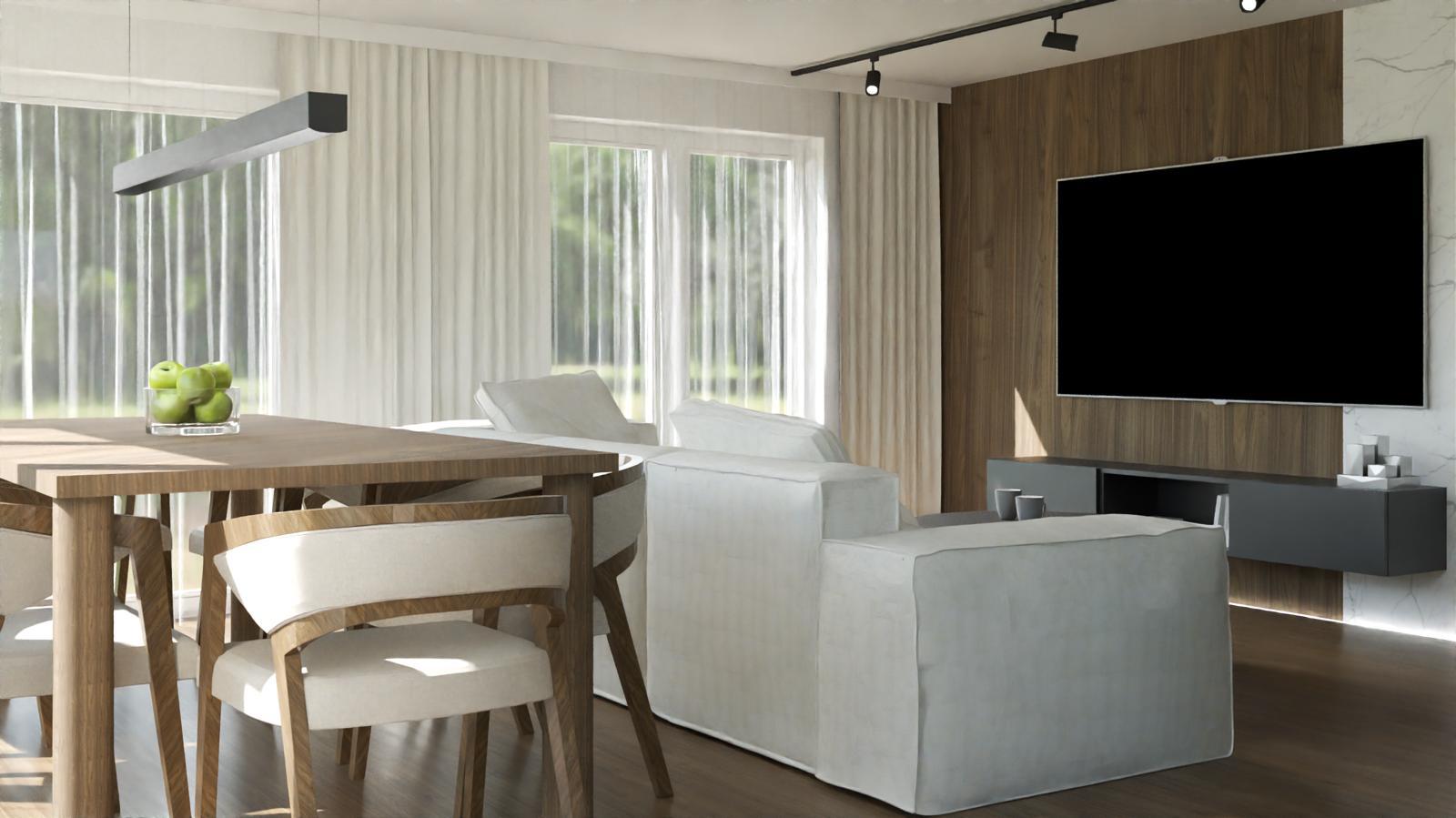 Nowoczesny salon z białymi fotelami, drewnianą ścianą telewizyjną i czarnymi detalami